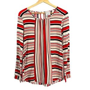 Karen‎ By Simonsen Blouse Red Beige Long-Sleeve Stripe Round Neck 40 (US Medium)